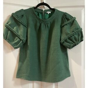 VOY Blouse Womens M Green Textured Puff Short Sleeve Braided Trim Lined Top